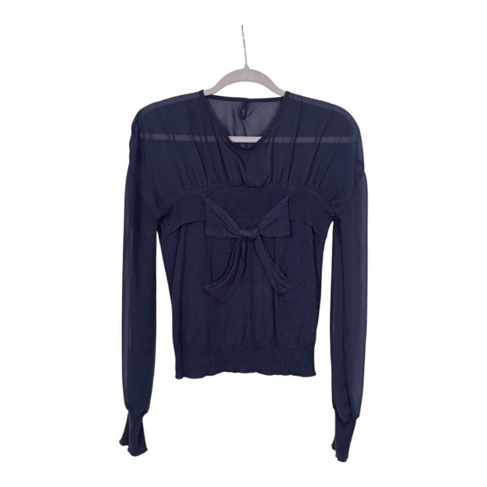 Moods of Norway Blue Blouse w/Bow Size XS Sheer Top Sweater Bottom Pullover